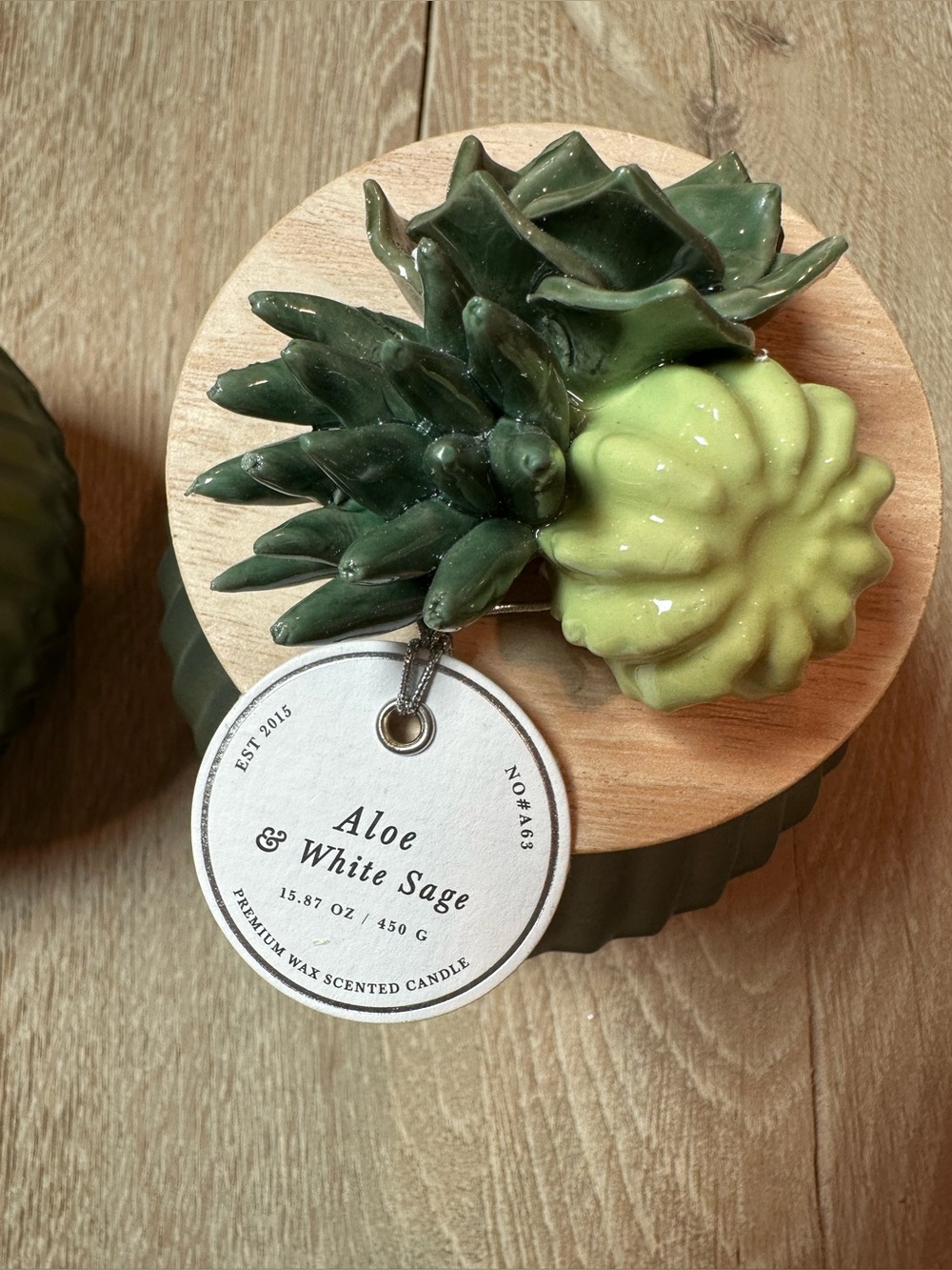 Green Ceramic Succulent Candle Jar with Wooden Lid set of 2 - Picture 2 of 11
